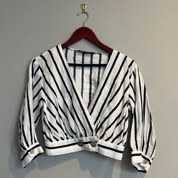 Zara Tops - NWT Zara Linen Nautical Stripe Cropped Blouse Size XS